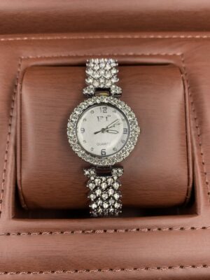 FT Quartz White Dial with Flower Design - white stone with stainless steel chain